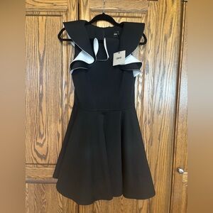 ASOS Black Mini skater Dress with White Trim Ruffle Neck